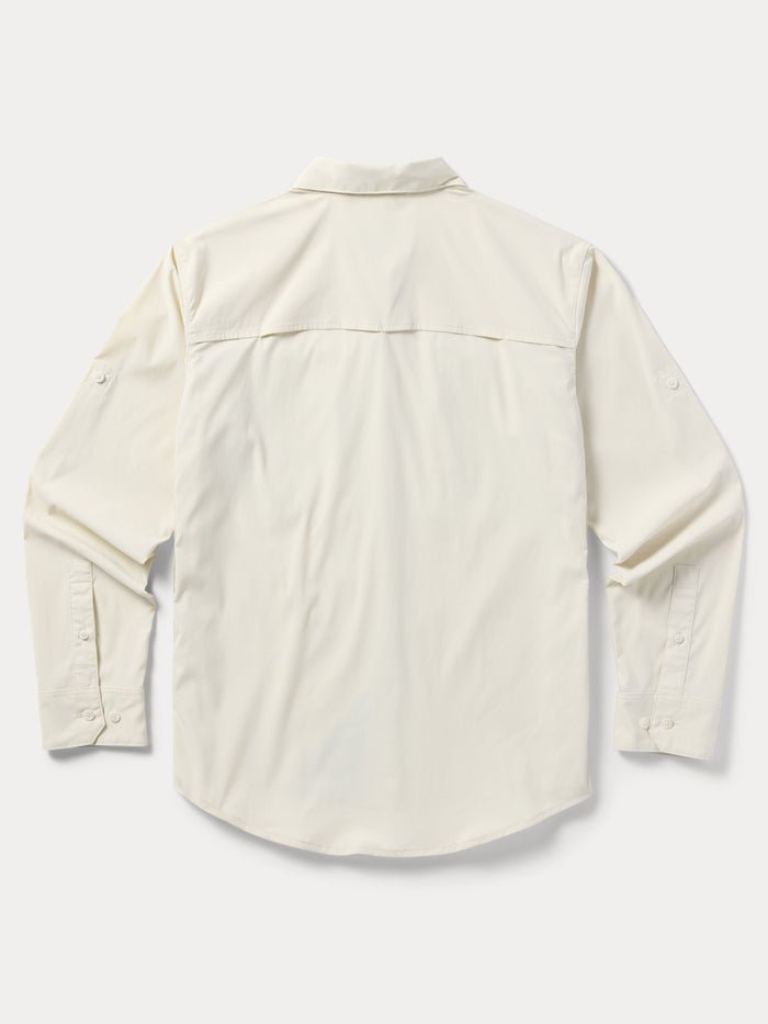 The Duck Camp W's Lightweight Fishing Shirt Long Sleeve is shown from the back, featuring a straight yoke and buttoned cuffs in a cream color.