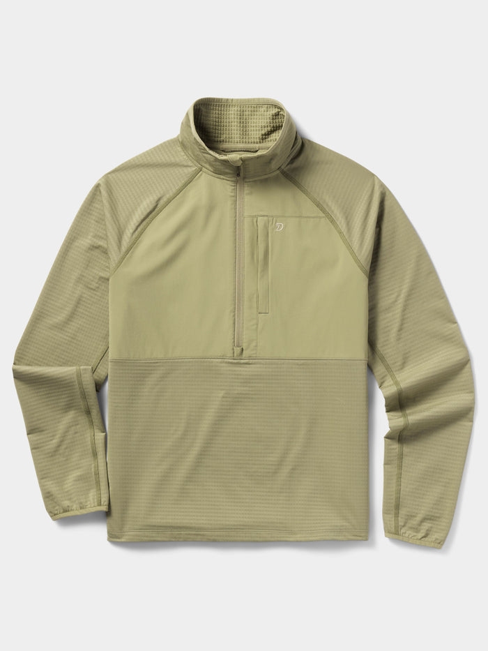 The Duck Camp W's Lightweight Grid Tech Fleece Half Zip in Sagebrush features a light olive green color, quarter-zip front, high collar, and chest pocket—ideal midlayer. Shown on white background.