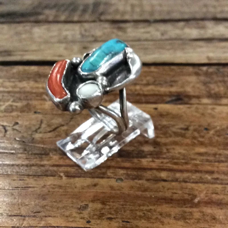 Abstract Shapes Turquoise And Coral Ring | Vintage - Jewelry