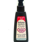 The Omega Aftershave Balm | Eucalyptus comes in a black bottle with a pump dispenser and Italian label. This moisturizing balm soothes and hydrates skin after shaving.