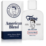 A white 100ml bottle of Fine Accoutrements American Blend Aftershave Balm appears next to its branded box featuring a smiling man, highlighting its alcohol-free formula and classic barbershop scent.
