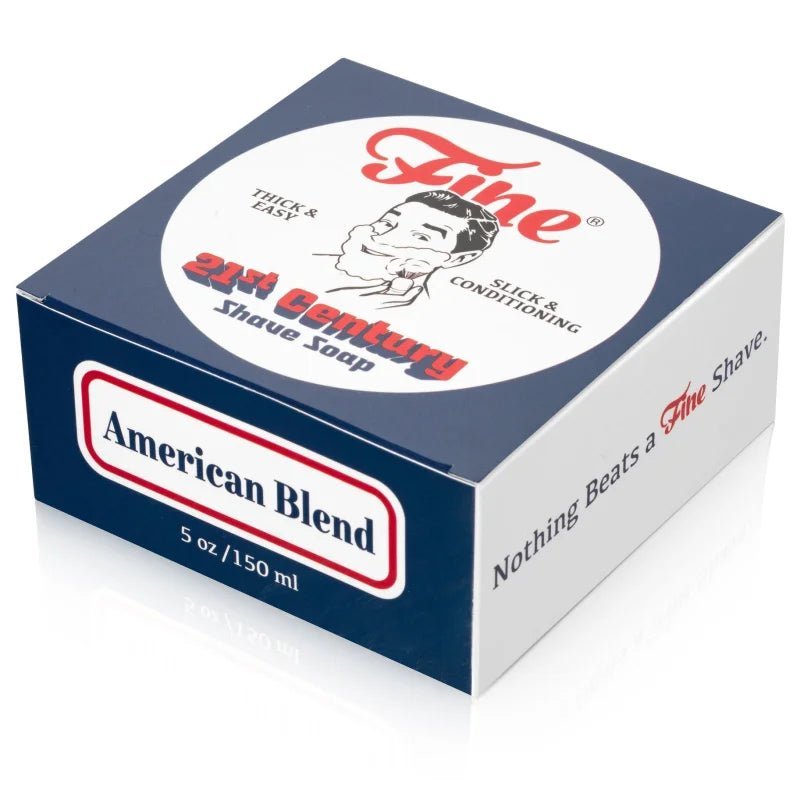 Fine Accoutrements American Blend Shave Soap, 5 oz, offers a traditional barbershop shave experience with retro-inspired branding and classic product descriptions on the packaging.
