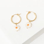 The Barrymore Earrings by Larissa Loden feature gold-filled hoops with white mother of pearl daisy charms and orange centers—Drew Barrymore-inspired accents to elevate any look.