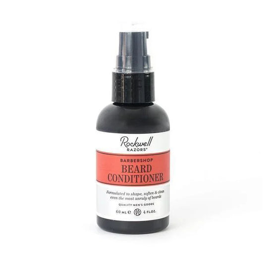 Rockwell Razors Beard Conditioner in a sleek black bottle with a pump dispenser