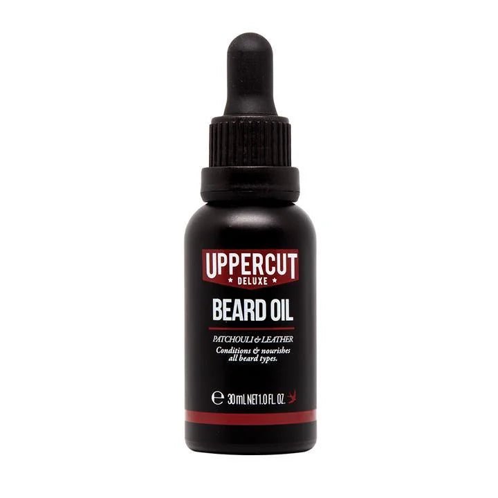 Uppercut Deluxe Beard Oil | 30ml with dropper cap, patchouli and leather scent—conditions and nourishes beards for effective care.
