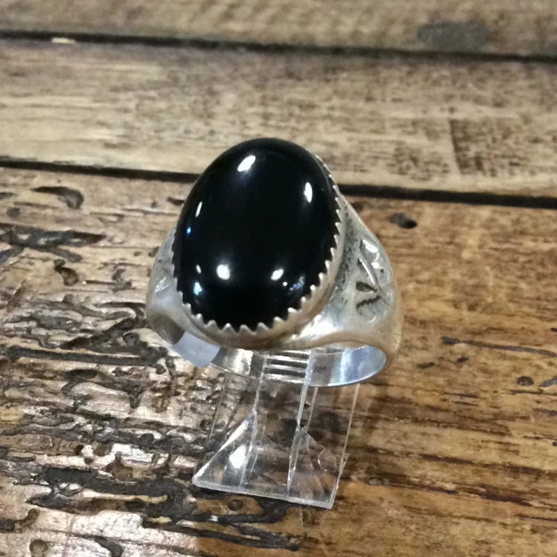 Black Onyx Stamped Sterling Ring | Vintage - Jewelry -