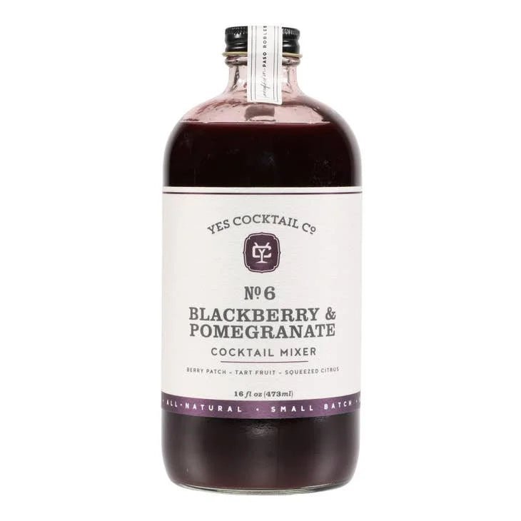 A 16 fl oz bottle of Yes Cocktail Co. Blackberry + Pomegranate Cocktail Mixer, with a vibrant purple hue and berry-citrus notes—a deliciously sweet mixer for your favorite cocktails.