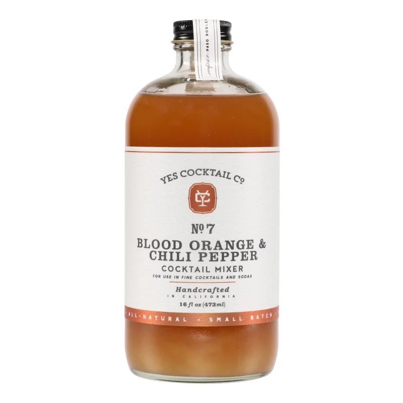 A 16 fl oz (473 ml) glass bottle of Yes Cocktail Co. Blood Orange & Chili Pepper Cocktail Mixer, featuring a vibrant orange-brown liquid—ideal for crafting spicy margaritas with sweet citrus notes.