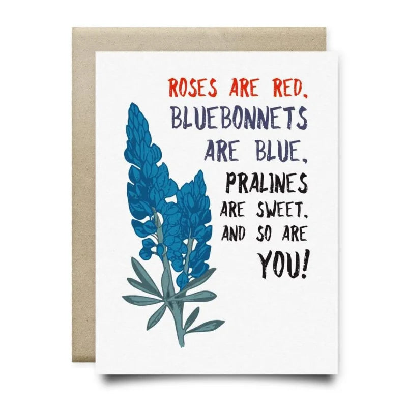 Blue card featuring a bluebonnet illustration from Anvil Cards celebrating paper joy