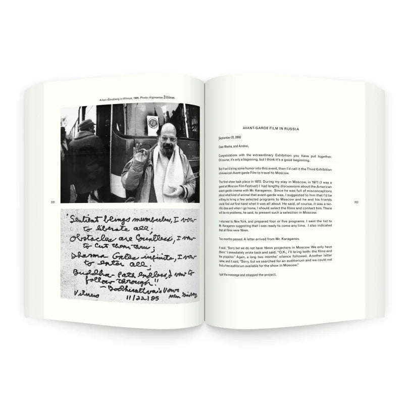 Open book featuring a black-and-white photo of a man by a vehicle and a handwritten note, with text on avant-garde film—mirroring themes in "Book | A Dance with Fred Astaire" from Anthology Editions.