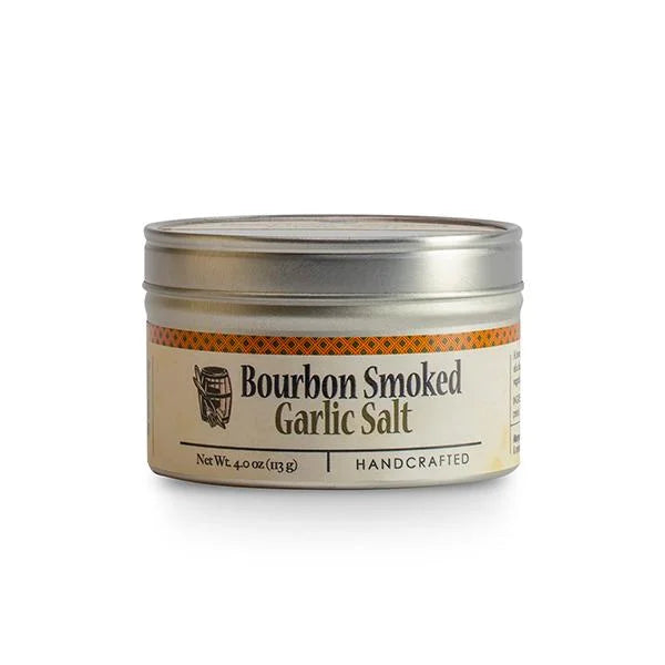 Bourbon Smoked Garlic Sea Salt Tin On White Surface