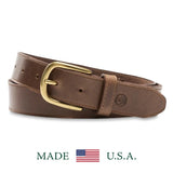 A Brown Leather Belt by Duck Head is shown coiled with a brass buckle. Below, "MADE U.S.A." appears alongside a small American flag.