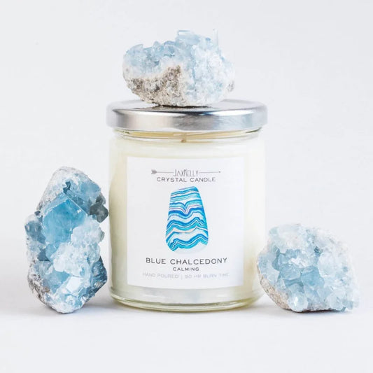 Candle With Blue Chalcedony Crystal By Jaxkelly