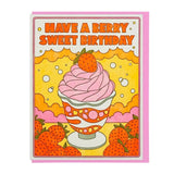 Lucky Horse Press Berry Sweet Birthday card features "Have a Berry Sweet Birthday" with a pink ice cream sundae, strawberries, and a yellow-orange background. Letterpress printed in the USA on recycled cover.