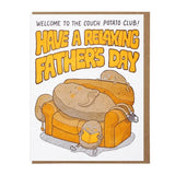 The Lucky Horse Press Couch Potato Father's Day card features cartoon potatoes lounging with "Welcome to the Couch Potato Club! Have a Relaxing Father's Day." Made in the USA on recycled cover.