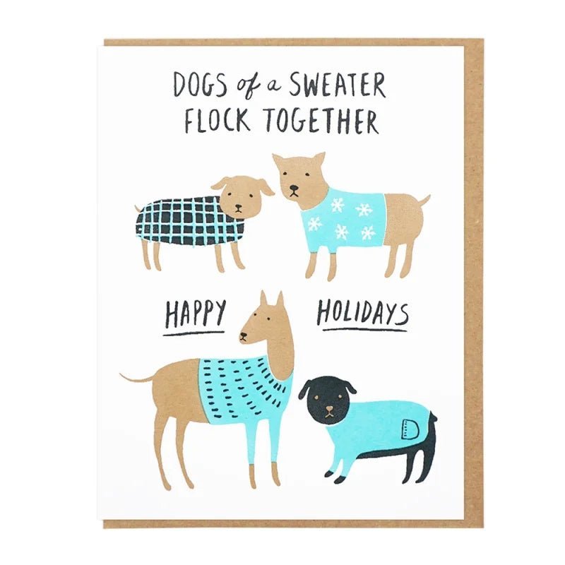 Lucky Horse Press "Dogs of a Sweater" card features four dogs in sweaters and “Happy Holidays” text, letterpress printed in the USA.