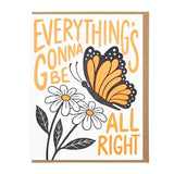 Lucky Horse Press letterpress card features "Everything's Gonna Be All Right" above a butterfly on daisies with green leaves. Blank inside, perfect for any occasion.