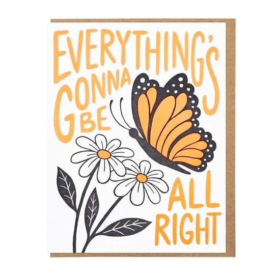 Lucky Horse Press letterpress card features "Everything's Gonna Be All Right" above a butterfly on daisies with green leaves. Blank inside, perfect for any occasion.