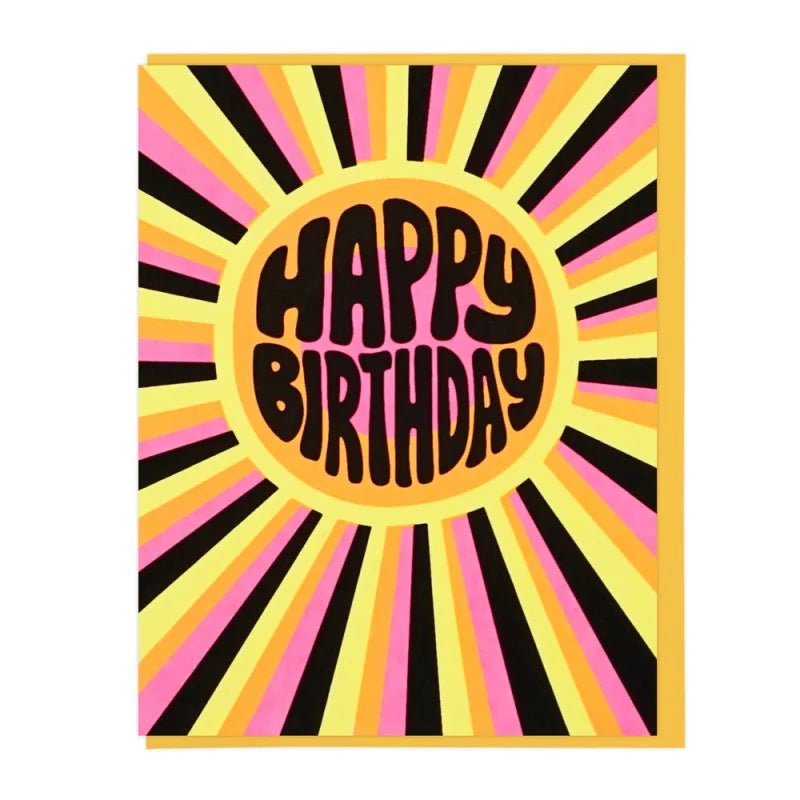 The Happy Birthday Sunburst card by Lucky Horse Press features bold "HAPPY BIRTHDAY" text in a yellow circle with pink, yellow, and black rays. This letterpress card is made in the USA.