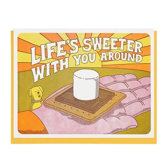 The "Life's Sweeter With You Around" card by Lucky Horse Press features a s'more, marshmallow, and dog on a blanket with bold text on a recycled cover. Made in the USA.