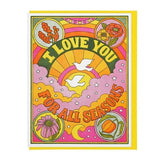 The Love For All Seasons card by Lucky Horse Press features retro art with two white doves, flowers, and "I LOVE YOU FOR ALL SEASONS" text against a sunset sky. Made in the USA with a recycled cover.