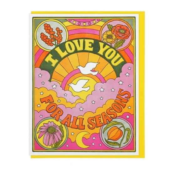 The Love For All Seasons card by Lucky Horse Press features retro art with two white doves, flowers, and "I LOVE YOU FOR ALL SEASONS" text against a sunset sky. Made in the USA with a recycled cover.