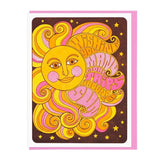 The "Many More Trips Around The Sun" card by Lucky Horse Press features a retro sun, yellow and pink text, and stars on a brown background. Blank inside for your message.