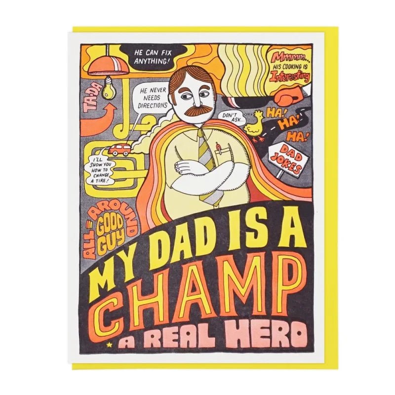 The "My Dad Is A Champ" card by Lucky Horse Press features a cartoon man with a mustache and fun phrases like “My Dad is a Champ” and “A Real Hero.” Blank inside, with a recycled cover.