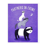 Playful letterpress card by Lucky Horse Press featuring a cat, raccoon, and panda in masks under "PARTNERS IN CRIME" with a crescent moon on purple. Made in USA. Product: Cards | Partners In Crime | Lucky Horse Press.