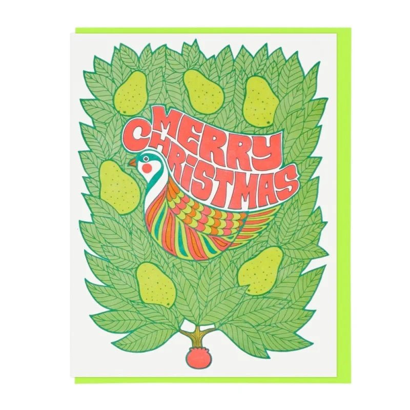 Cards | Partridge in a Pear Tree by Lucky Horse Press feature a colorful bird among leaves and pears with “Merry Christmas” in bold red, letterpress printed on recycled cover; blank inside.