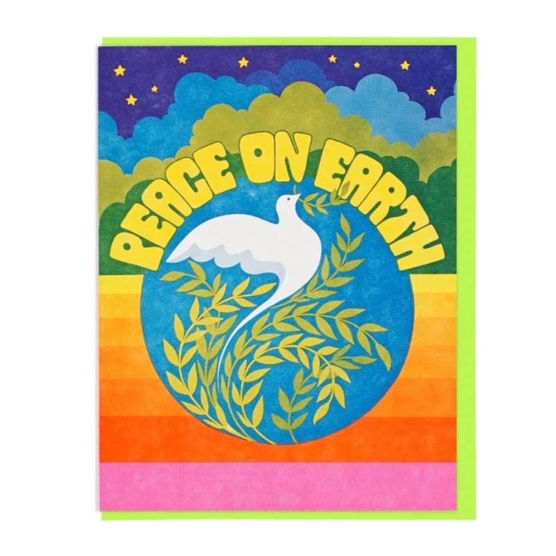 The "Peace on Earth" card by Lucky Horse Press features a white dove with an olive branch and retro stars and clouds, plus an eco-friendly recycled cover.