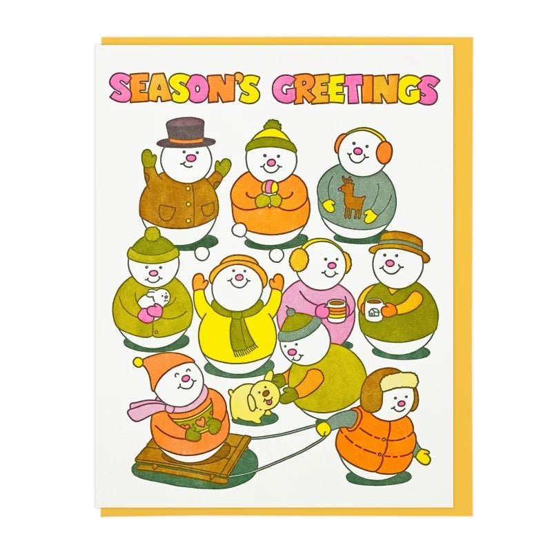The Lucky Horse Press “Snow Friends” card features cheerful snowpeople in colorful winter clothes with “Season’s Greetings” above, letterpress printed by Lucky Horse Press.