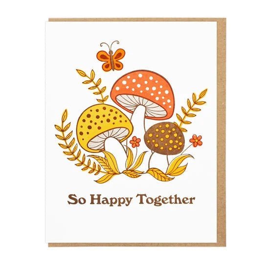 The "So Happy Together" card by Lucky Horse Press features three colorful mushrooms, a butterfly, and leaves, letterpress printed on recycled cover with the caption "So Happy Together." Made in the USA.