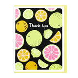 The Cards | Thank You Citrus by Lucky Horse Press is a folded card featuring colorful citrus fruit on black with "Thank You" letterpress printed in white.