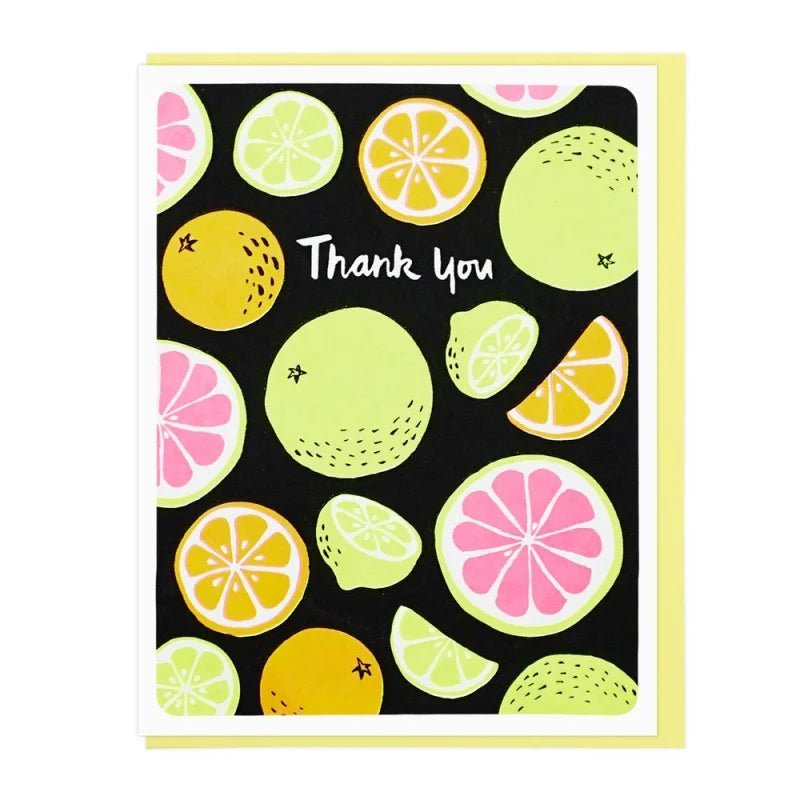 The Cards | Thank You Citrus by Lucky Horse Press is a folded card featuring colorful citrus fruit on black with "Thank You" letterpress printed in white.