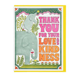 Lucky Horse Press "Thank You For Your Love And Kindness" card features large and small elephants, bold colorful text, a floral border, and is made in the USA with recycled cover.
