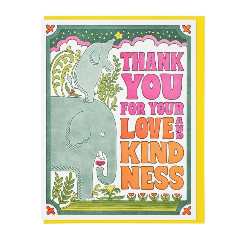 Lucky Horse Press "Thank You For Your Love And Kindness" card features large and small elephants, bold colorful text, a floral border, and is made in the USA with recycled cover.