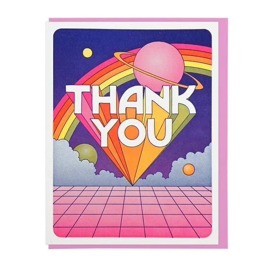 The "Thank You Universe" card by Lucky Horse Press features retro 1980s rainbow, planets, clouds, and a pink grid pattern. Letterpress printed in the USA on recycled cover card.