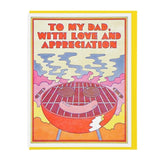 The Lucky Horse Press "To My Dad w/ Love And Appreciation" card features a smiling barbecue grill with sausages and smoke, letterpress printed on recycled cover—an ideal way to show dad your appreciation.