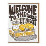Lucky Horse Press "Welcome Lil' Nugget" card features cartoon fries, a drink, and a burger in a box labeled "Happy Family" with the text "Welcome to the world lil' nugget, better together!" Letterpress printed; blank inside.