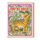 The Lucky Horse Press "You're Great Tiger" card features a tiger among green foliage and orange flowers with bold "YOU'RE GREAT" text, printed on recycled cover stock for an eco-friendly touch.