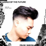 A man with a modern fade looks down, hair styled with Clay by Uppercut Deluxe for strong hold, set against black-and-white collages and bold text: “THE WORLD OF THE FUTURE” and “FALSE SHAME.”.