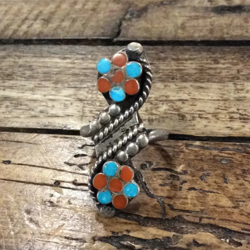 Coral And Turquoise Twin Clusters Ring | Vintage - Jewelry -