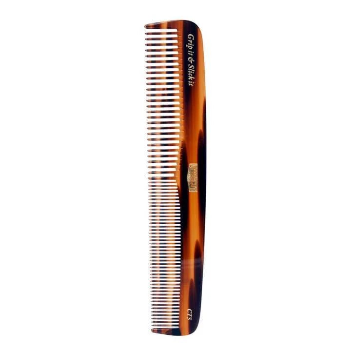 The CT5 Pocket Comb by Uppercut Deluxe is a brown tortoiseshell-patterned, pocket-sized comb featuring both fine and wide teeth.