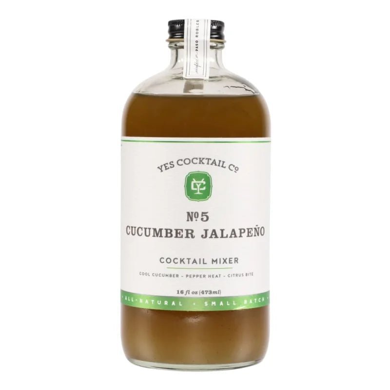 A 16 fl oz glass bottle of Yes Cocktail Co.'s Cucumber Jalapeño Cocktail Mixer, ideal for adding a spicy cucumber-jalapeño kick to your next cocktail or margarita.
