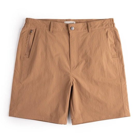 The Drifter Shorts by Duck Camp are light brown quick-dry fishing shorts with belt loops, button closure, zip fly, and three pockets, shown flat on a white background.