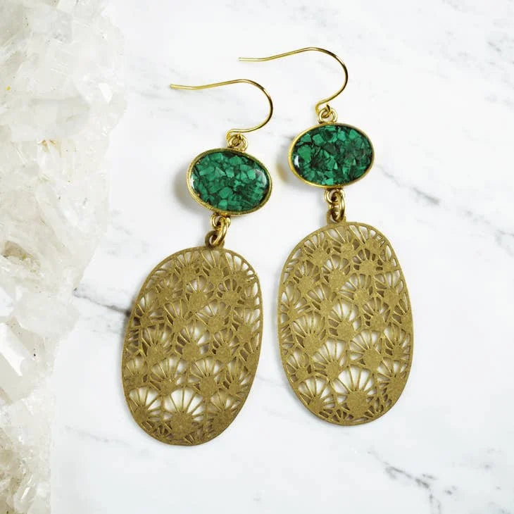Earrings | The Jade Oval Floral Dangle | Cameoko - Malachite