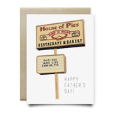 The Easy As Pie Dad A2 greeting card by Anvil Cards features a House of Pies sign with "Dad – You make life easy as pie" and "Happy Father's Day!" printed below. Printed on linen paper, blank inside for your note.