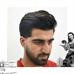 A man with neatly styled dark hair and a trimmed beard looks down; black and white vintage illustrations in two corners highlight the easy, natural, matte finish achieved with Easy Hold by Uppercut Deluxe.