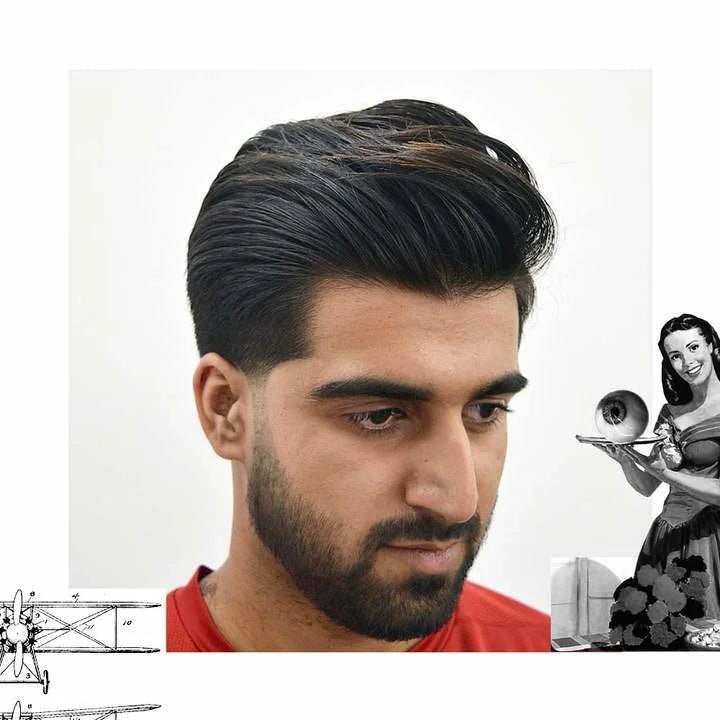 A man with neatly styled, dark hair and a trimmed beard looks down; vintage illustration corners highlight his natural matte finish and effortless look, achieved with Easy Hold by Uppercut Deluxe.